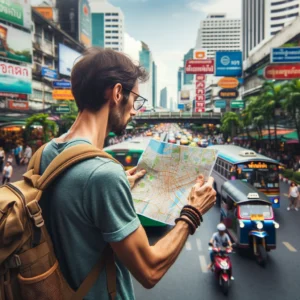 Traveler Consulting a Map in Bangkok for Safety