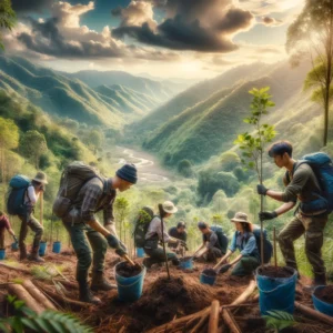 Trekkers participating in a reforestation project in a Thai national park, planting trees