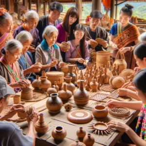 Artisans and visitors participating in a traditional Thai craft workshop